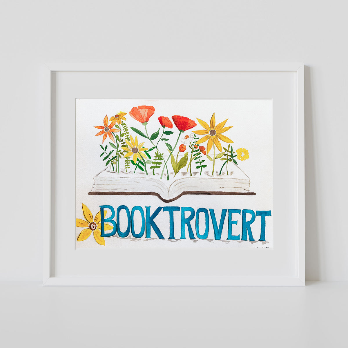Book Lover Watercolor Print – “Booktrovert” Literary 8x10 Matted Art (11x14 Ready to Frame)