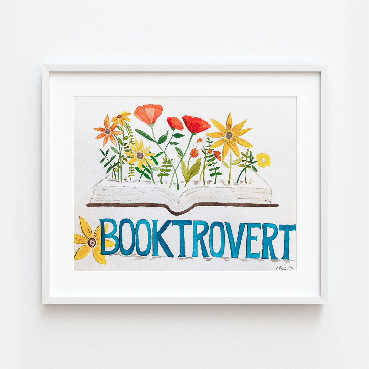 Book Lover Watercolor Print – “Booktrovert” Literary 8x10 Matted Art (11x14 Ready to Frame)