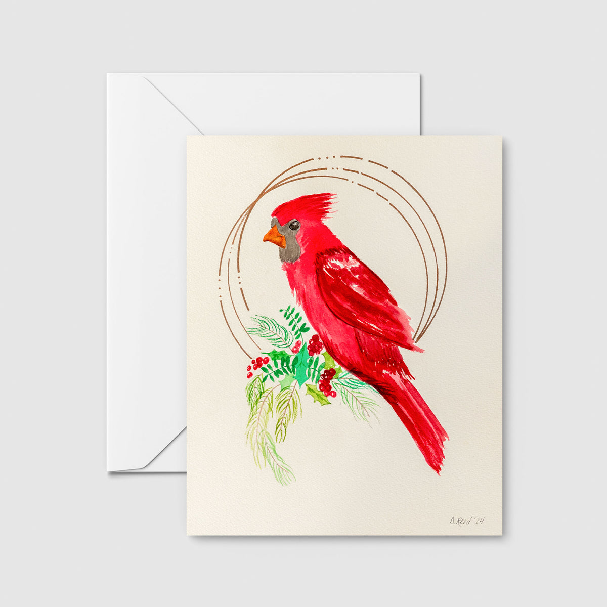 Watercolor Cardinal Christmas Card – Blank Holiday Greeting Card (4x5.5 Inch with Envelope)