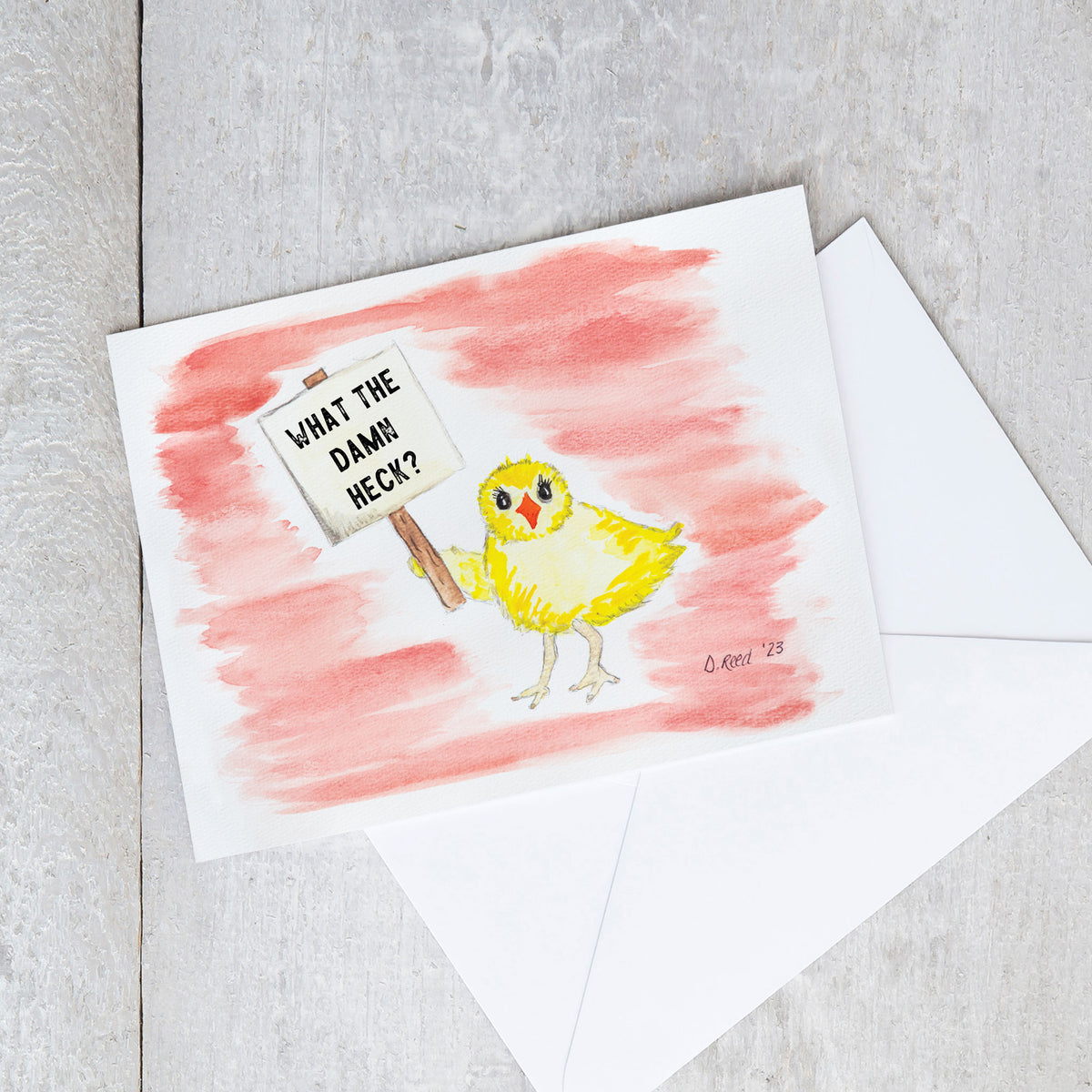 Funny Chick Greeting Card – “What the Damn Heck?” Blank Farmhouse Humor Card (4x5.5 Inch)