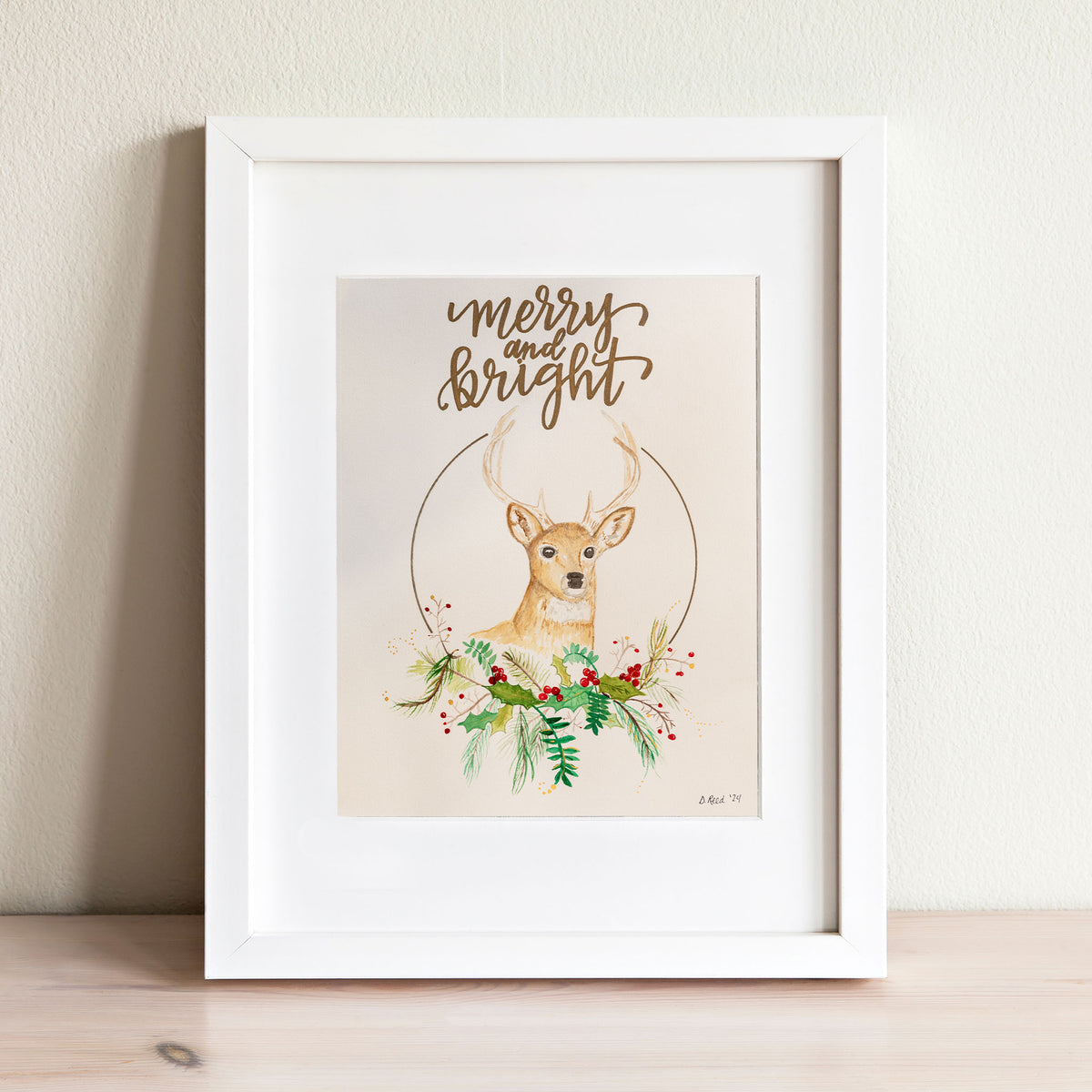 “Merry and Bright” Deer Watercolor Print – Rustic Christmas 8x10 Matted Art (11x14 Ready to Frame)