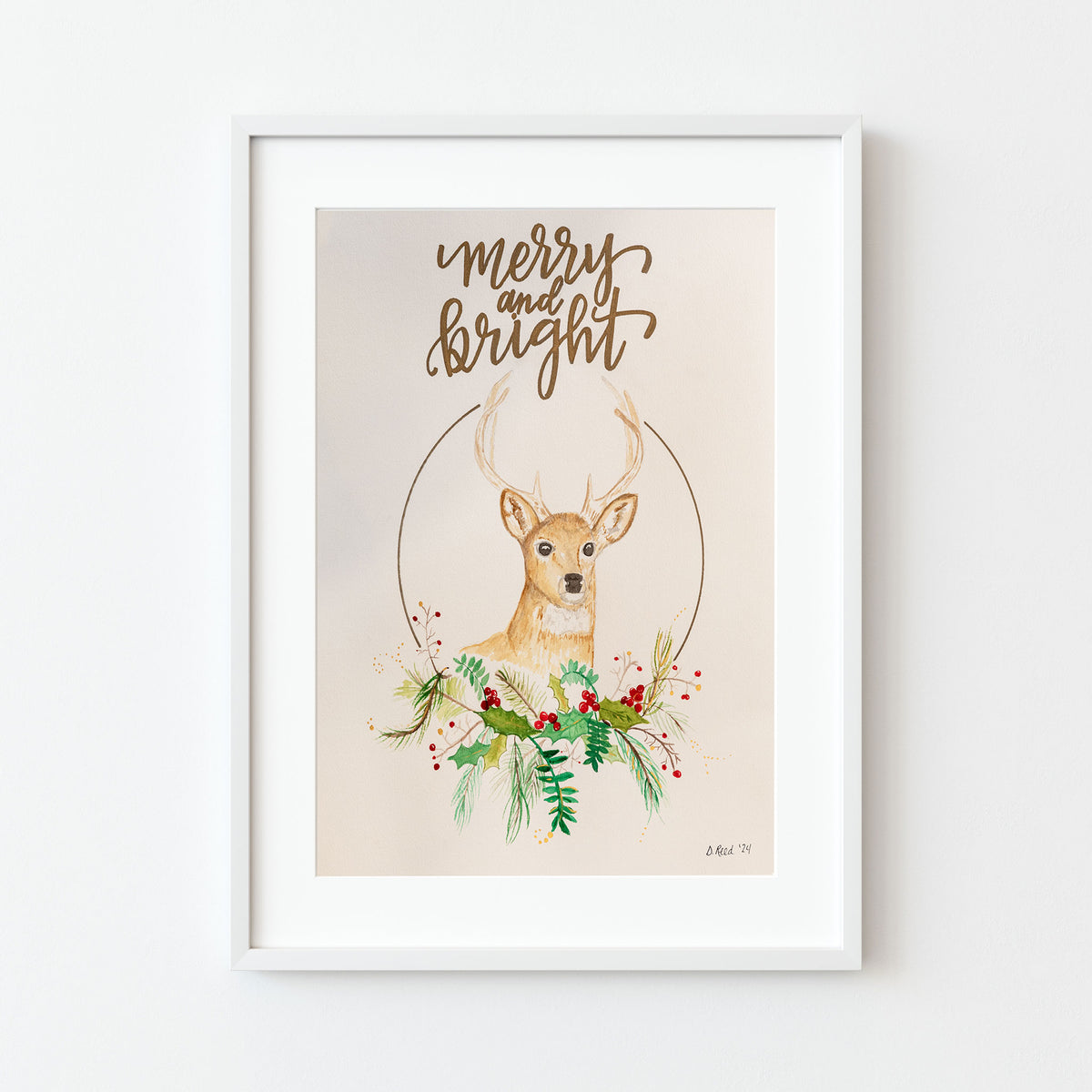 “Merry and Bright” Deer Watercolor Print – Rustic Christmas 8x10 Matted Art (11x14 Ready to Frame)