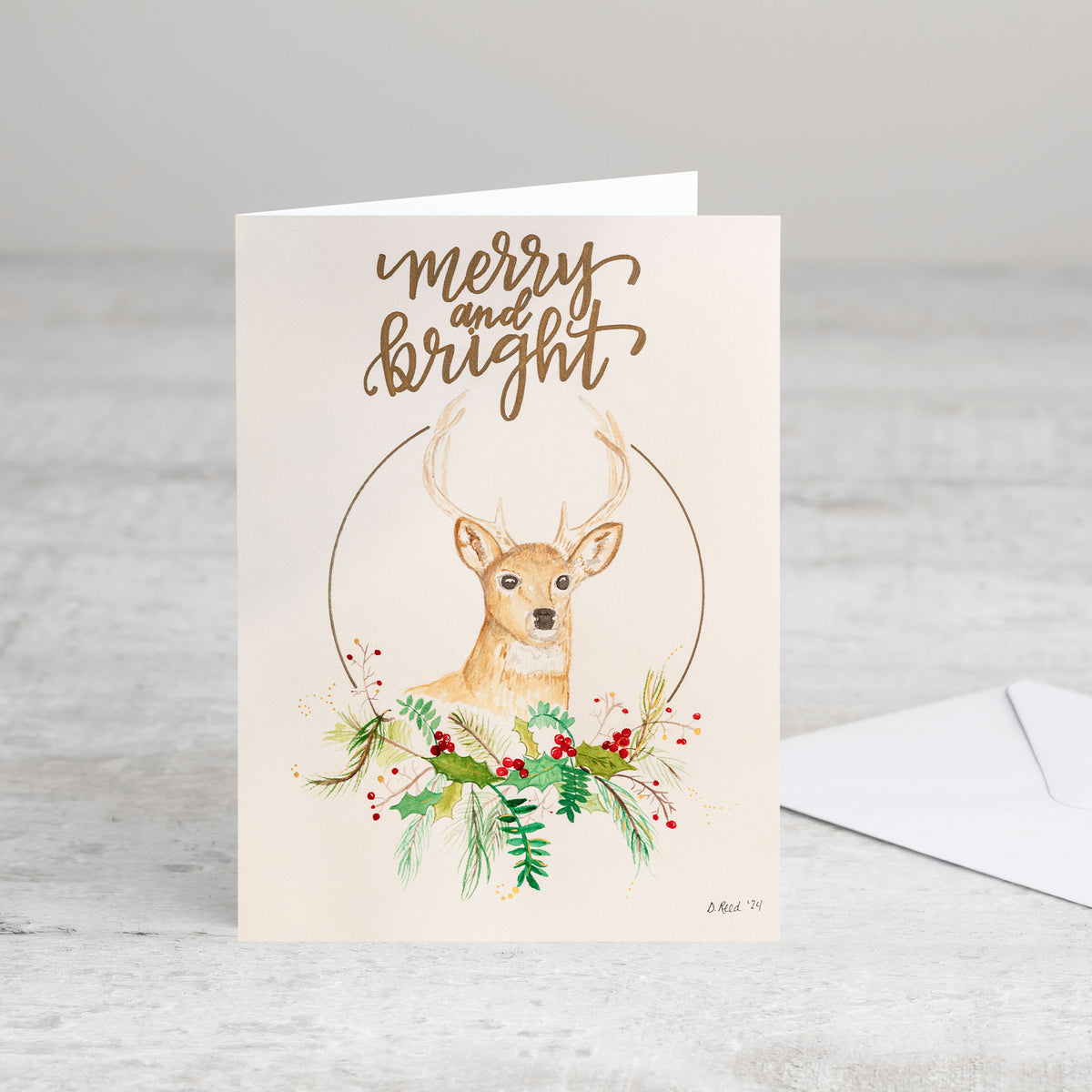 “Merry and Bright” Deer Christmas Card – Blank Holiday Greeting Card (4x5.5 Inch)