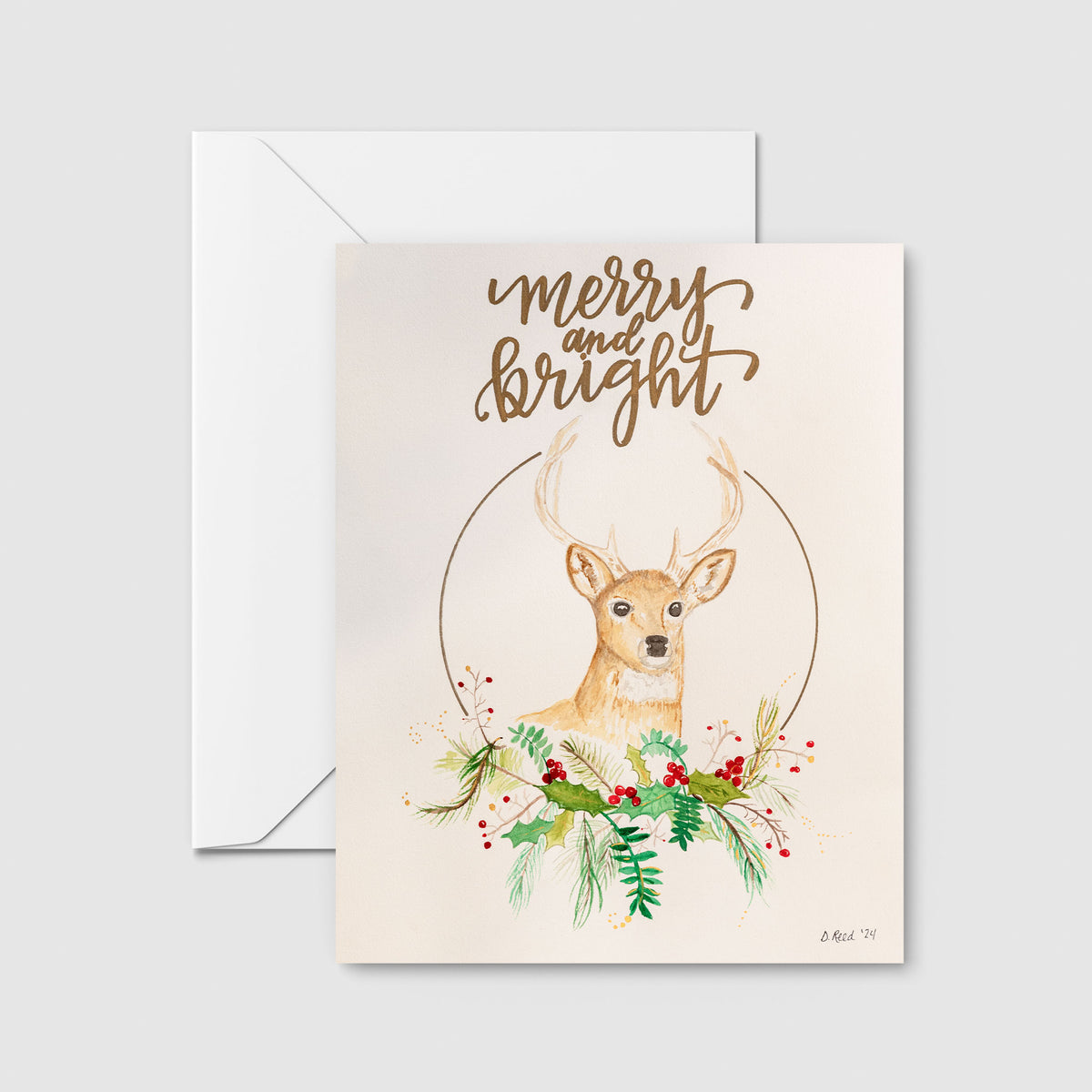 “Merry and Bright” Deer Christmas Card – Blank Holiday Greeting Card (4x5.5 Inch)