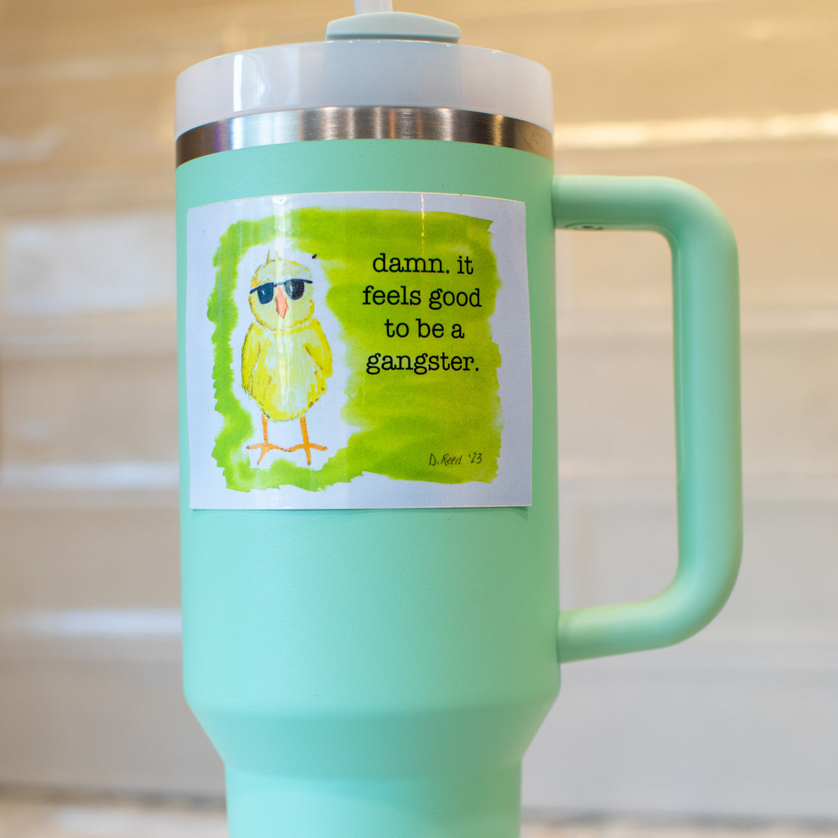 Funny Baby Chick Sticker – “Damn, It Feels Good to Be a Gangster” Glossy Waterproof Vinyl (2x3 Inch)