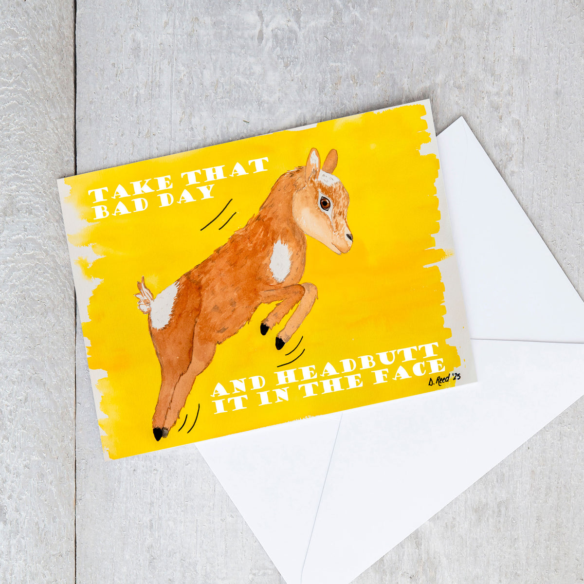 Funny Goat Greeting Card – “Headbutt that Bad Day” Encouragement Card (Blank Inside)