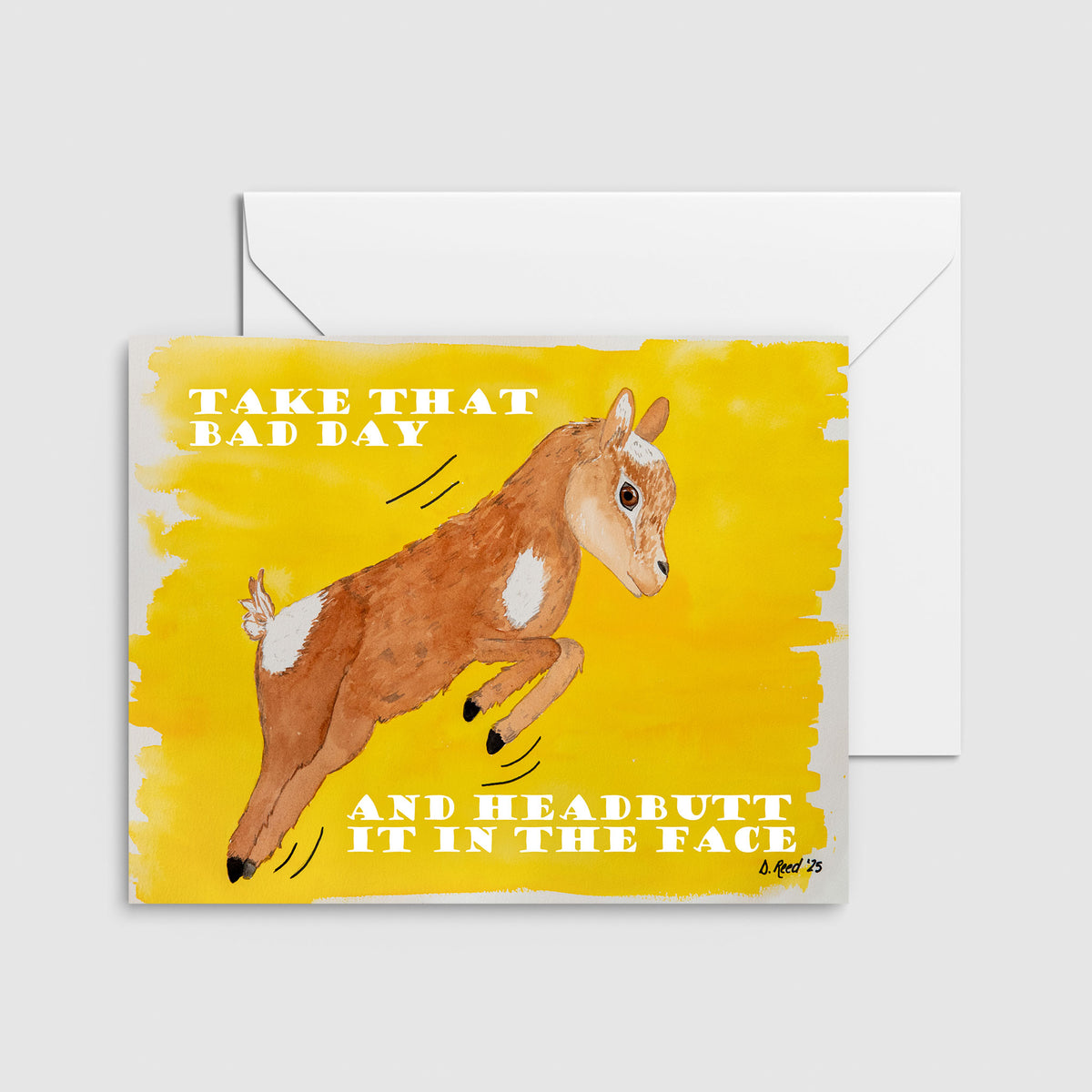 Funny Goat Greeting Card – “Headbutt that Bad Day” Encouragement Card (Blank Inside)