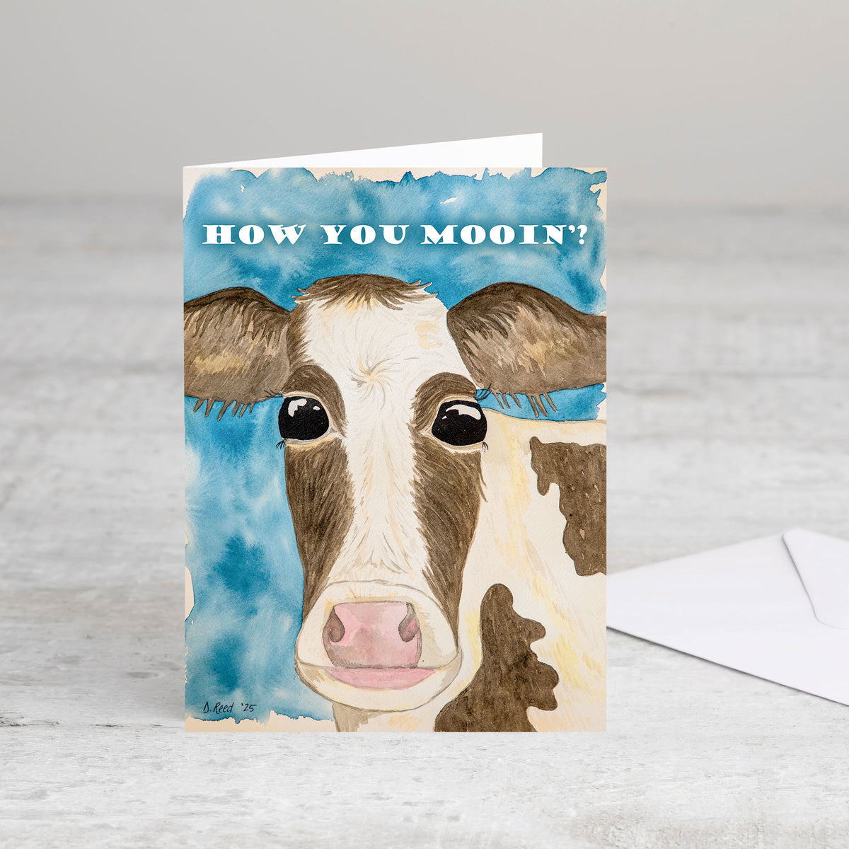 Funny Cow Greeting Card – “How You Mooin’?” Blank Farmhouse Humor Card (4x5.5 Inch)