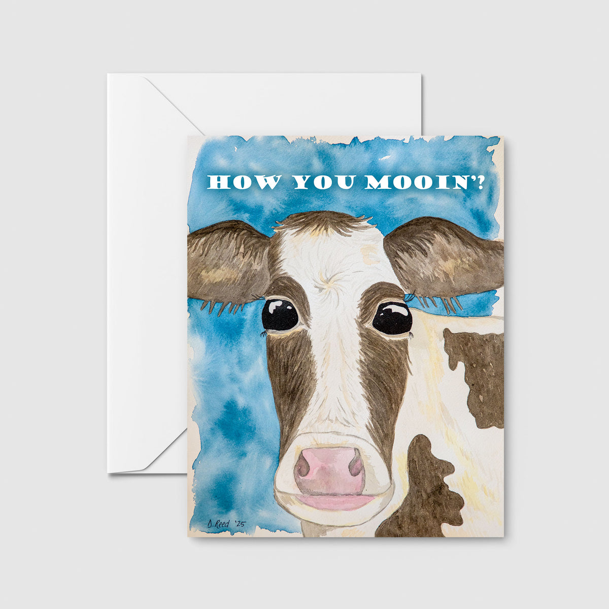 Funny Cow Greeting Card – “How You Mooin’?” Blank Farmhouse Humor Card (4x5.5 Inch)