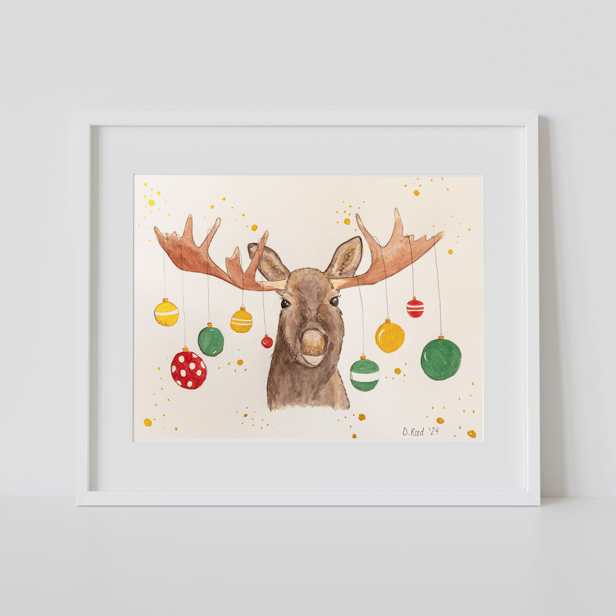 Moose Christmas Watercolor Print – Rustic Christmas 8x10 Matted Art (11x14 Ready to Frame)
