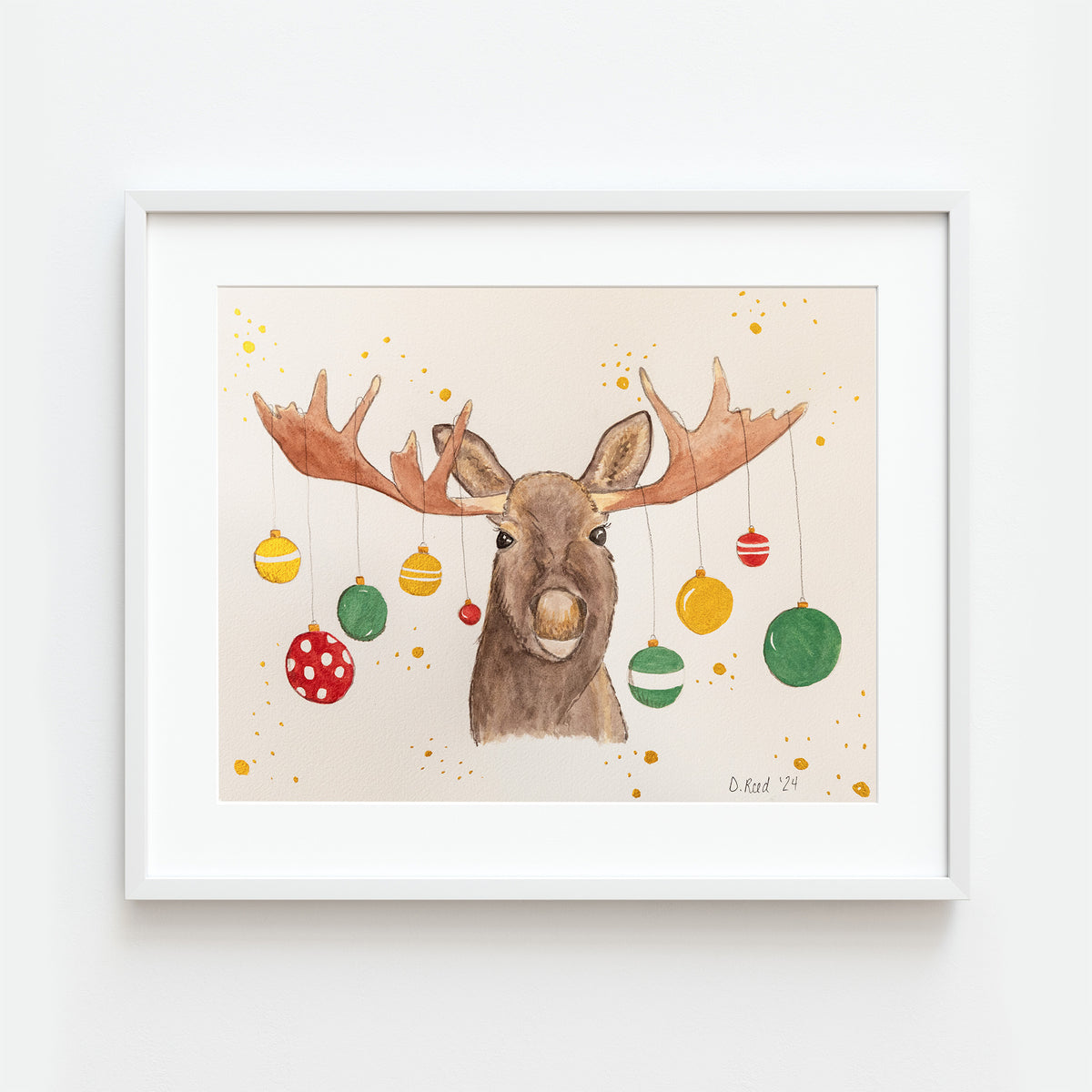 Moose Christmas Watercolor Print – Rustic Christmas 8x10 Matted Art (11x14 Ready to Frame)