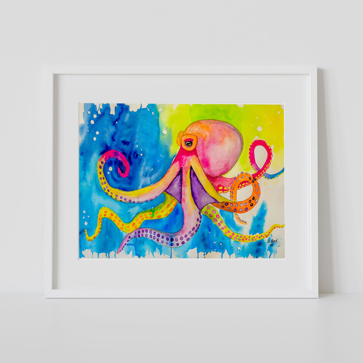 Octopus Watercolor Print – Coastal Ocean 8x10 Matted Art (11x14 Ready to Frame)
