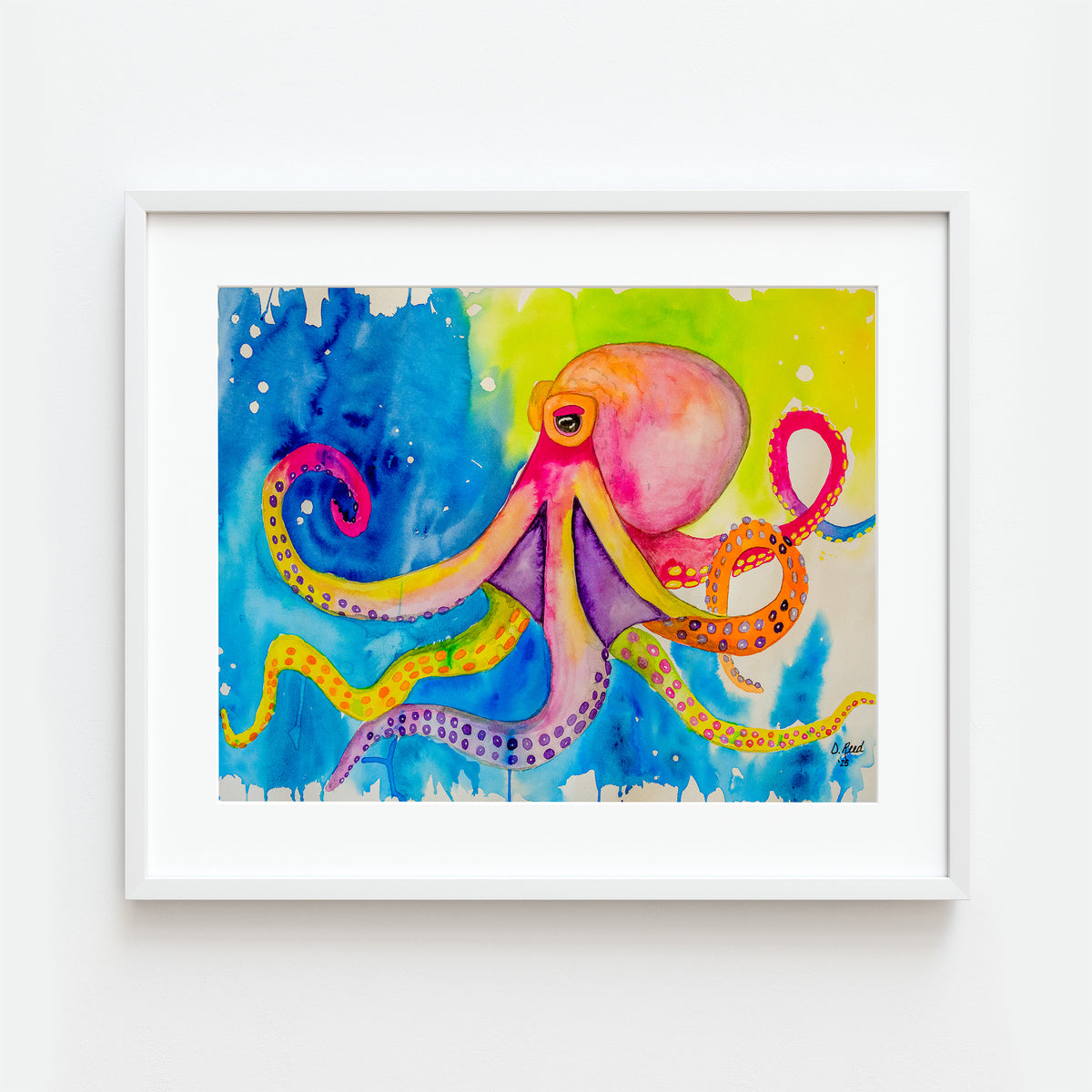 Octopus Watercolor Print – Coastal Ocean 8x10 Matted Art (11x14 Ready to Frame)