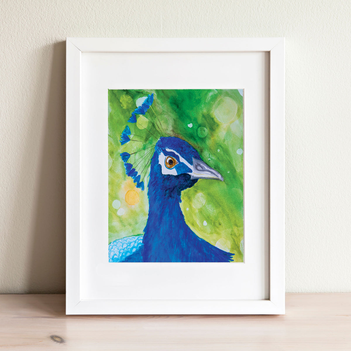Peacock Watercolor Print – Vibrant Blue Bird Wall 8x10 Matted Art (11x14 Ready to Frame)