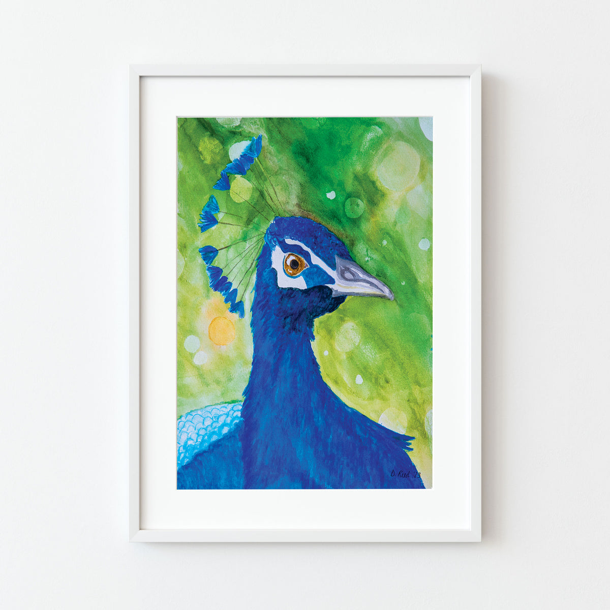 Peacock Watercolor Print – Vibrant Blue Bird Wall 8x10 Matted Art (11x14 Ready to Frame)