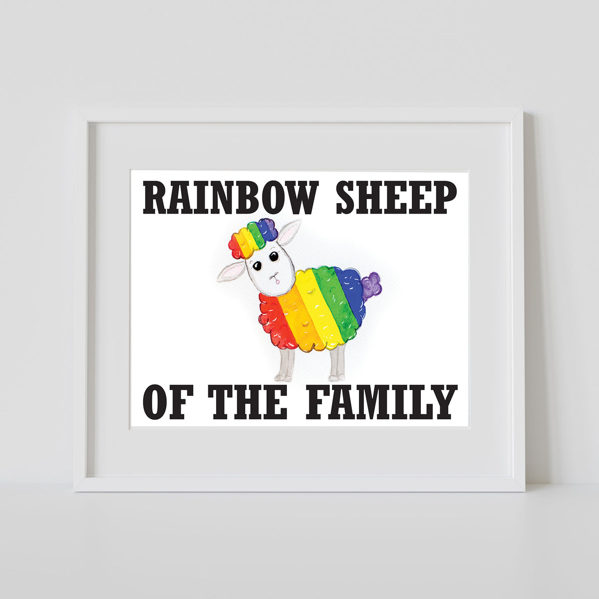 LGBTQ+ Pride Watercolor Print – “Rainbow Sheep of the Family” Matted 8x10 Art (11x14 Ready to Frame)
