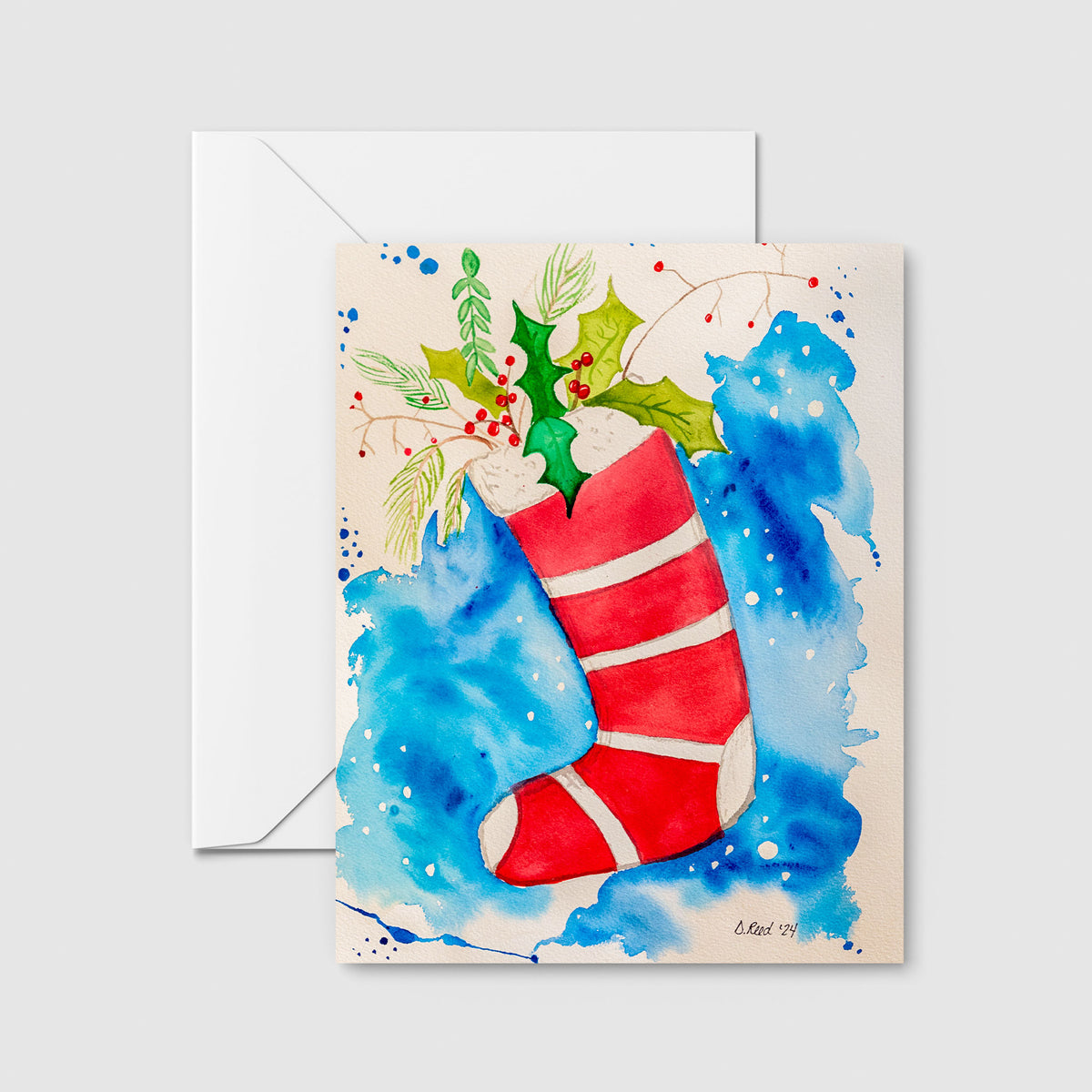 Christmas Stocking Greeting Card – Watercolor Holiday Card (Blank Inside, 4x5.5 Inch)