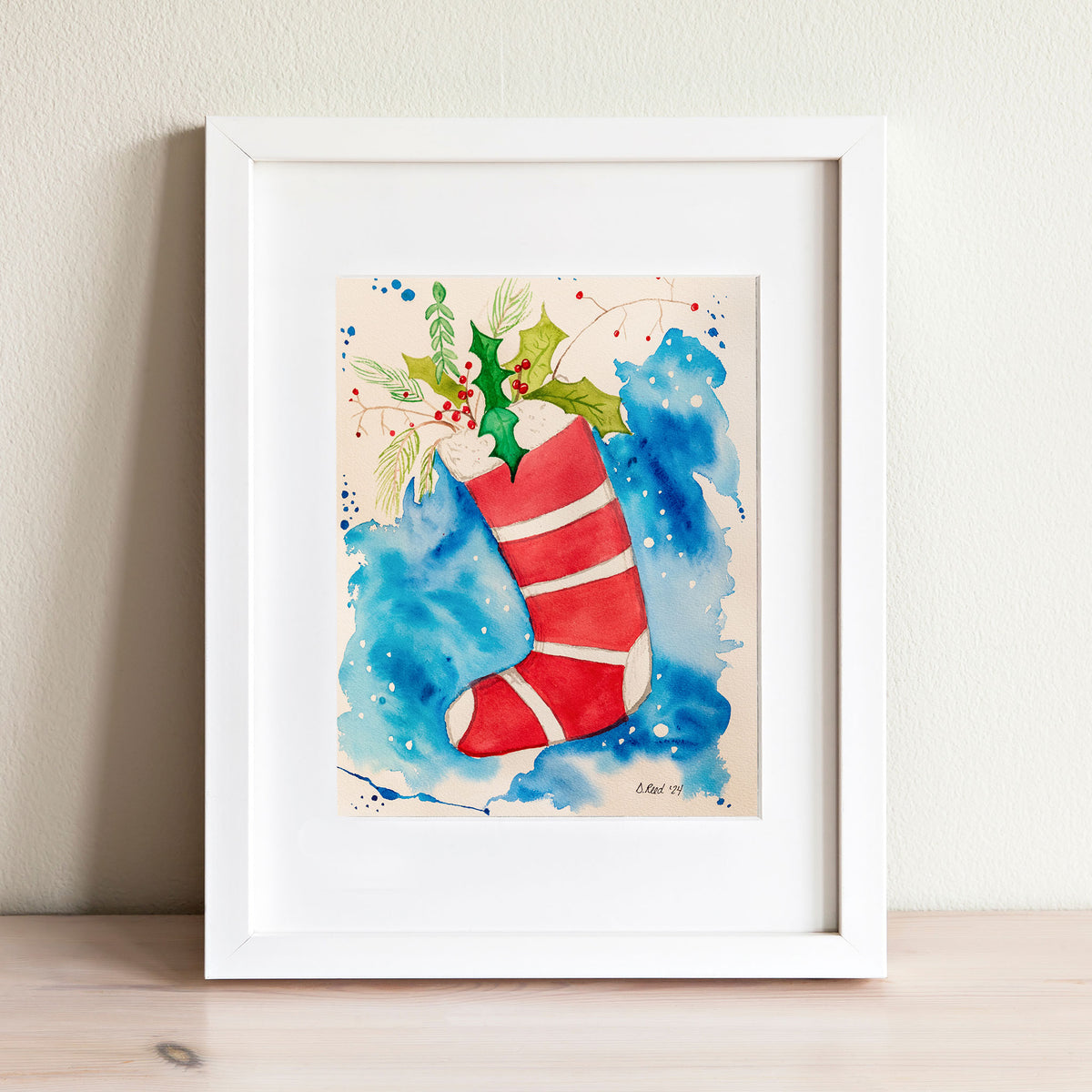 Watercolor Christmas Stocking Print – Rustic Holiday 8x10 Matted Art (11x14 Ready to Frame)
