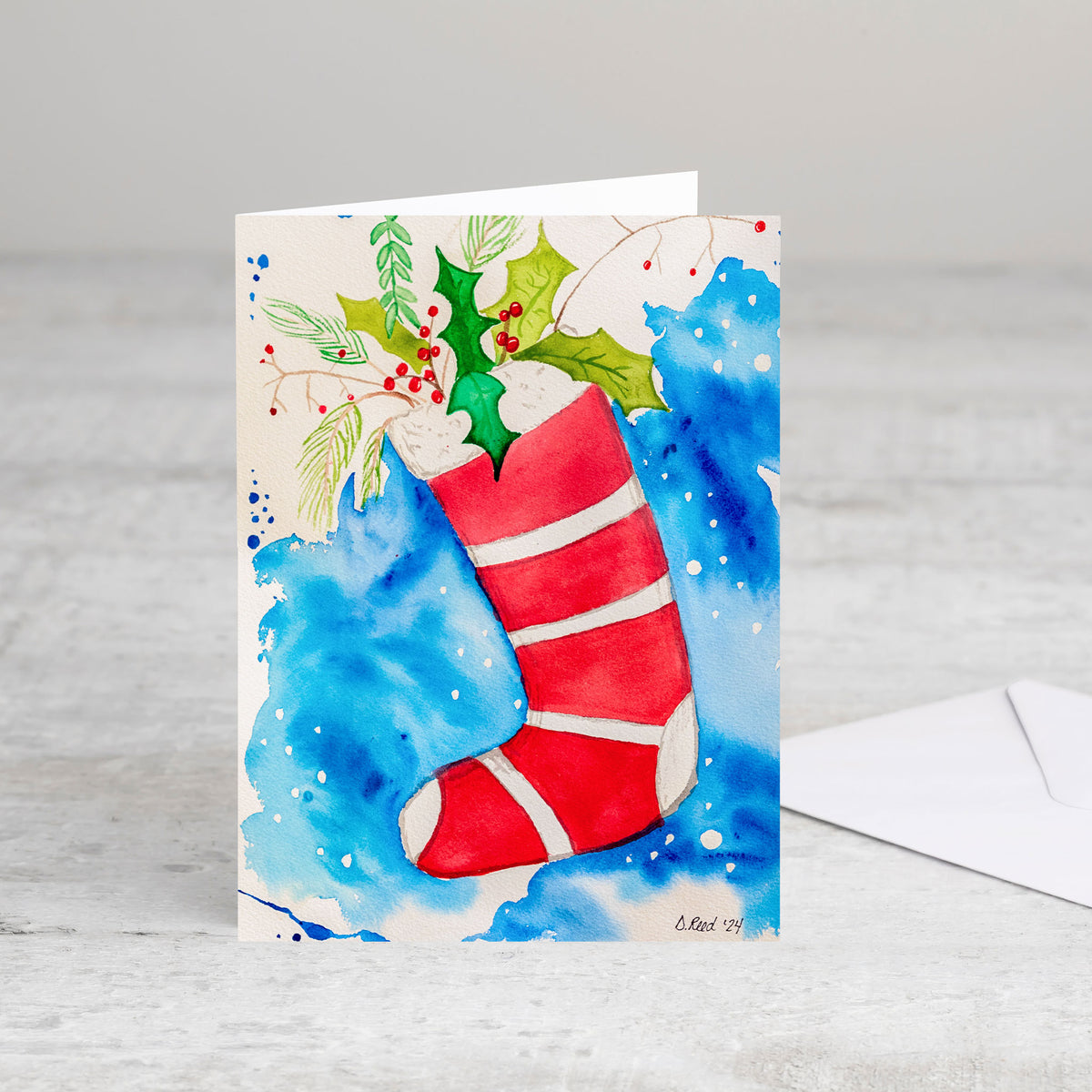 Christmas Stocking Greeting Card – Watercolor Holiday Card (Blank Inside, 4x5.5 Inch)