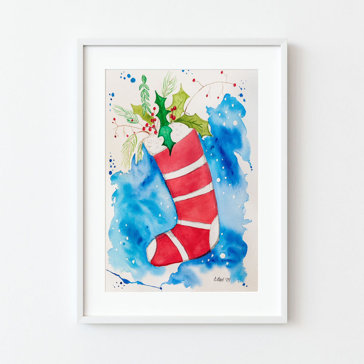Watercolor Christmas Stocking Print – Rustic Holiday 8x10 Matted Art (11x14 Ready to Frame)